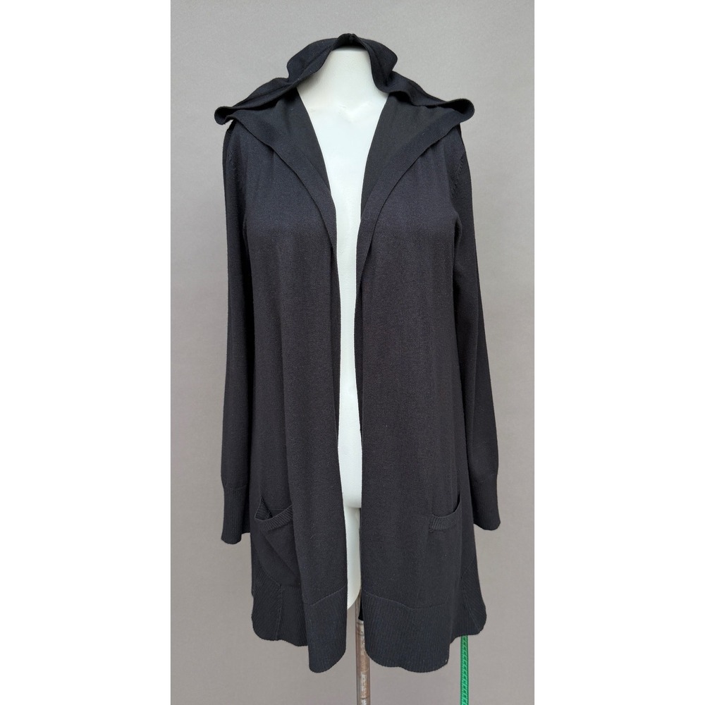 Pointelle Black Hooded Cardigan Sweater Large Open Front Longline Asymmetrical